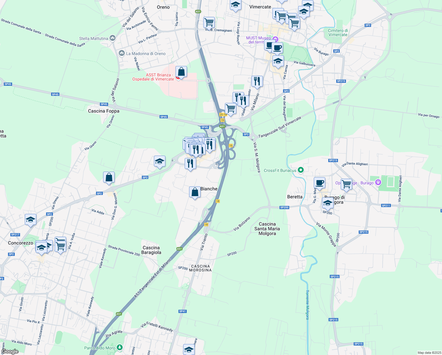 map of restaurants, bars, coffee shops, grocery stores, and more near 28 Via Trento in Torri Bianche