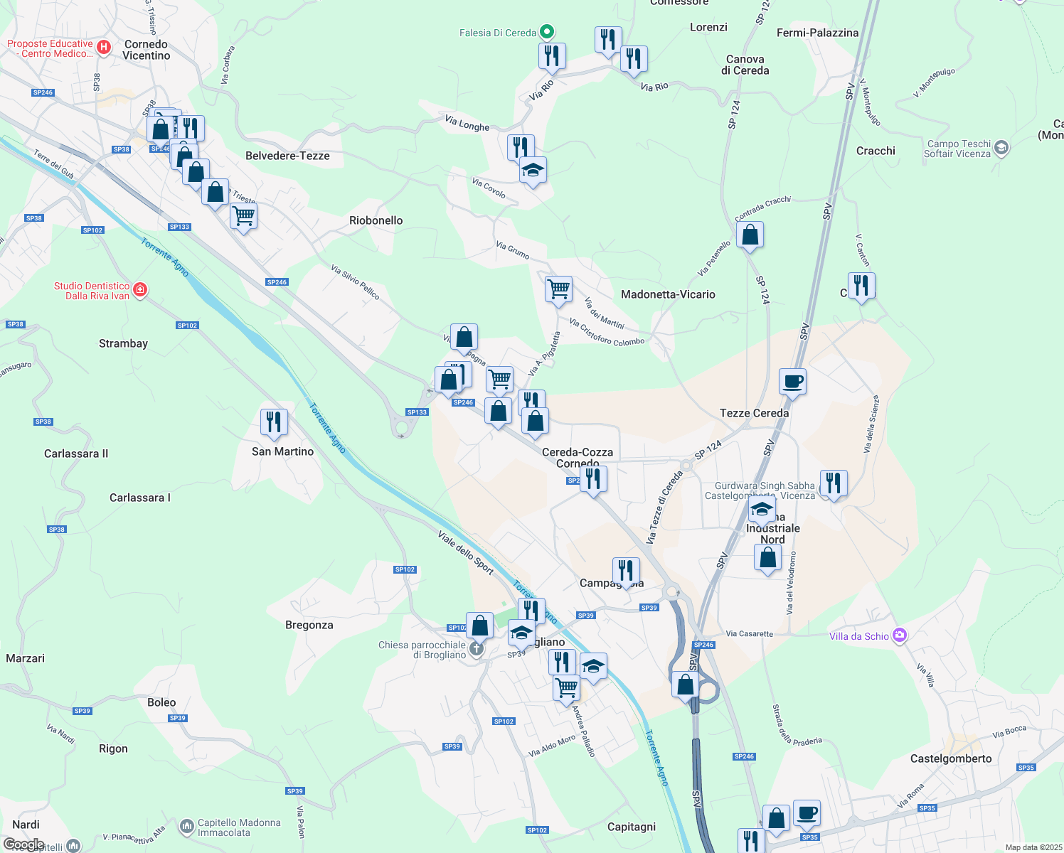 map of restaurants, bars, coffee shops, grocery stores, and more near 55 Via Monte Verlaldo in Cereda-cozza Cornedo