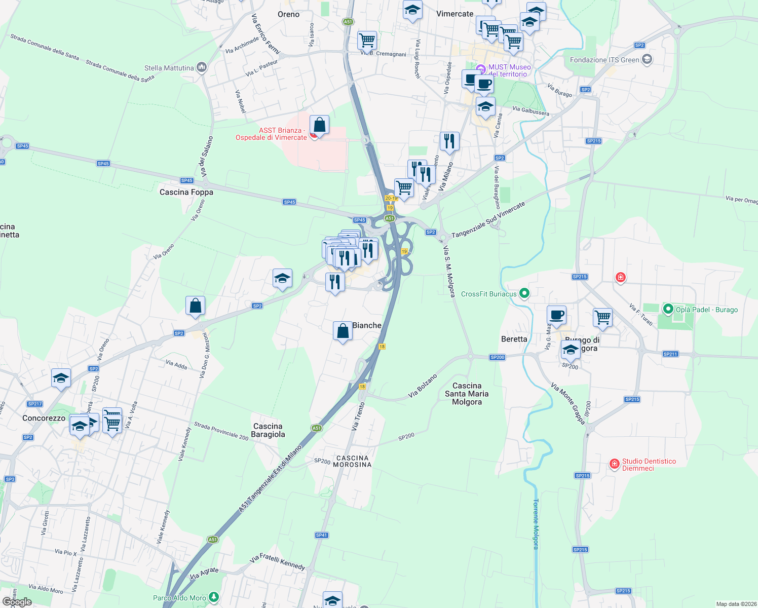 map of restaurants, bars, coffee shops, grocery stores, and more near 30 Via Trento in Torri Bianche