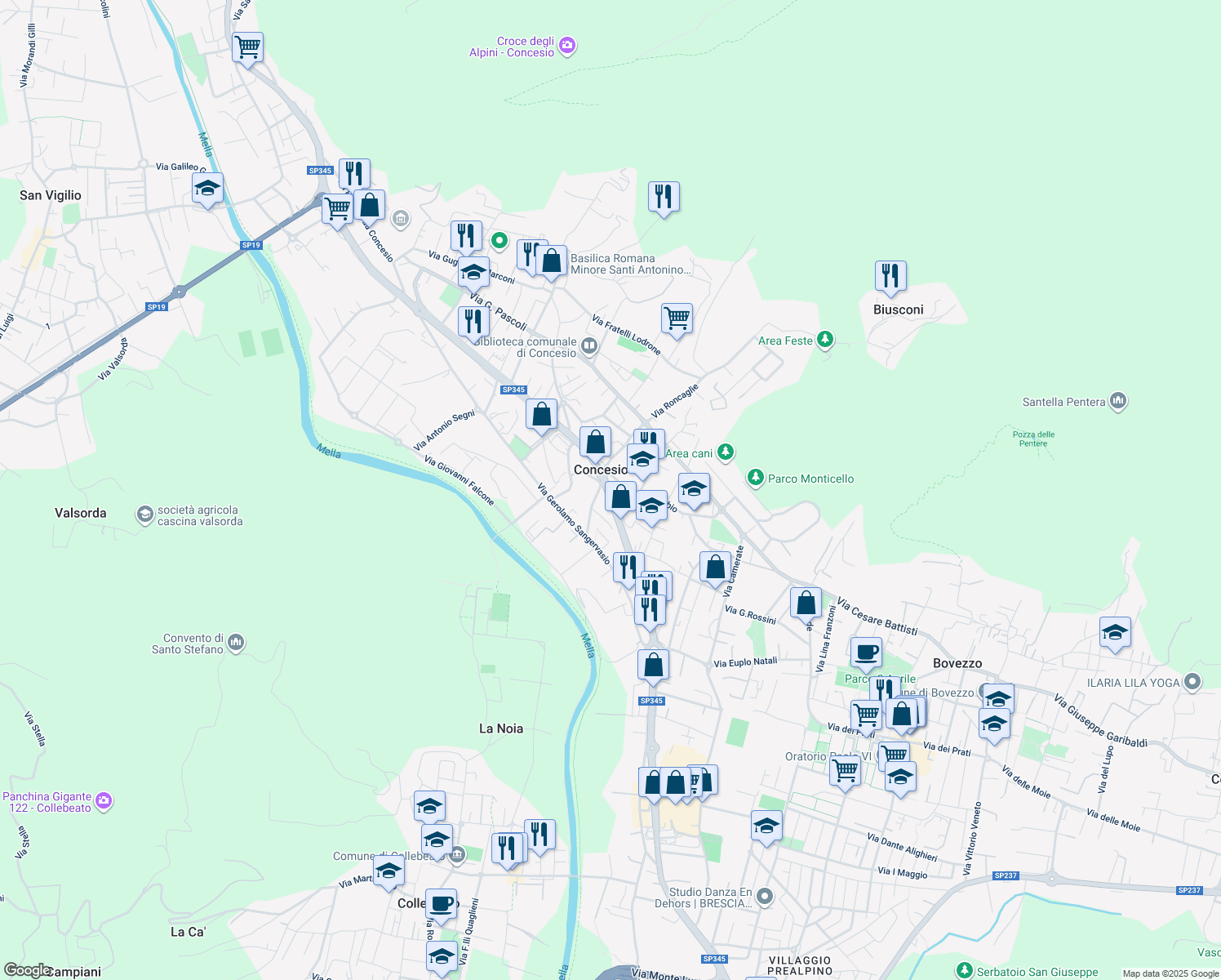 map of restaurants, bars, coffee shops, grocery stores, and more near 10 Via Due Muri in Concesio
