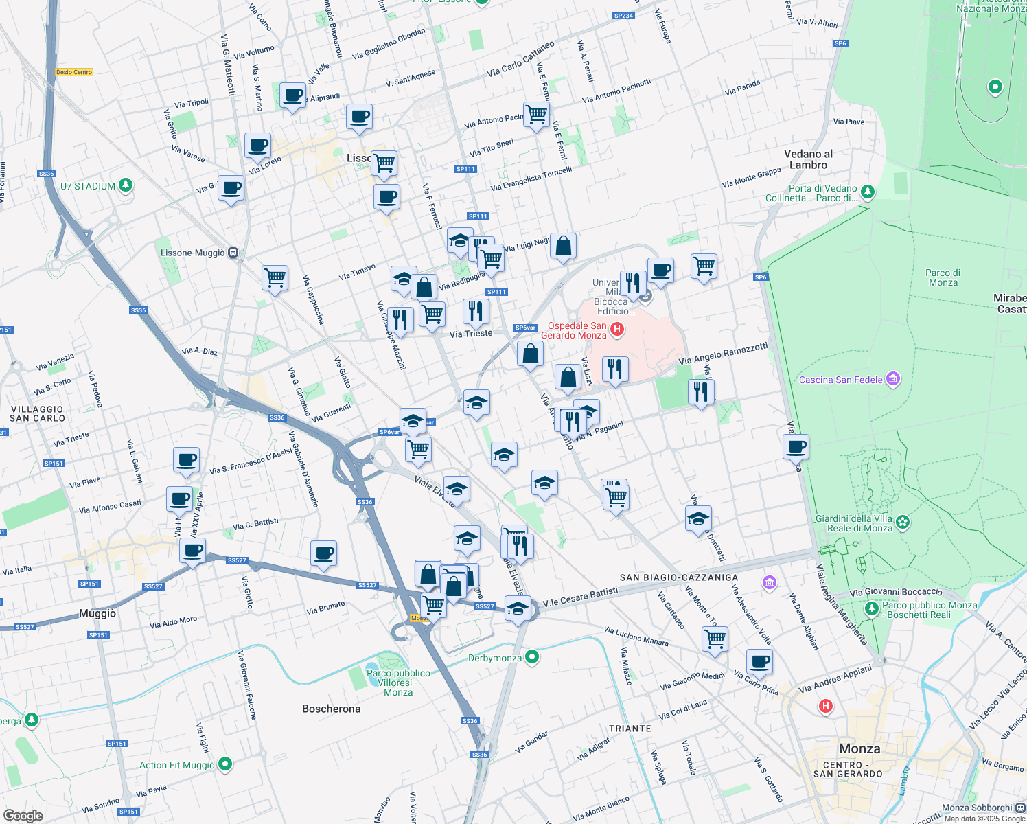 map of restaurants, bars, coffee shops, grocery stores, and more near 16 Via Giovanni Battista Viotti in Monza
