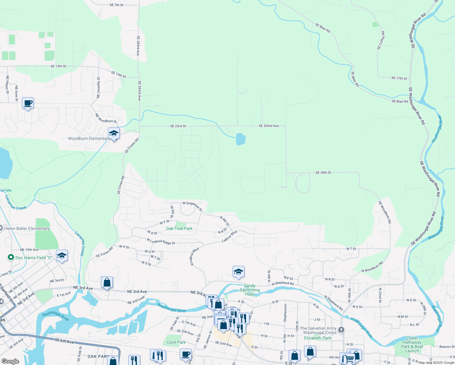 map of restaurants, bars, coffee shops, grocery stores, and more near 3010 Southeast 293rd Avenue in Washougal