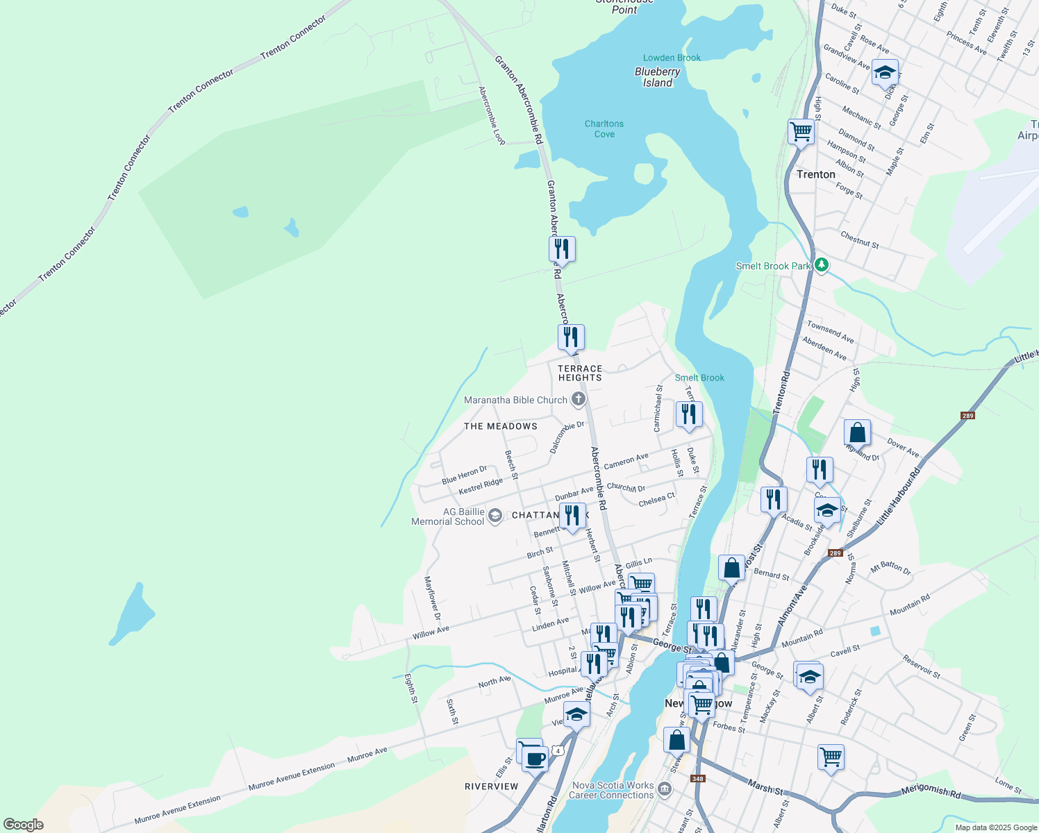 map of restaurants, bars, coffee shops, grocery stores, and more near 387 Meadowlark Drive in New Glasgow