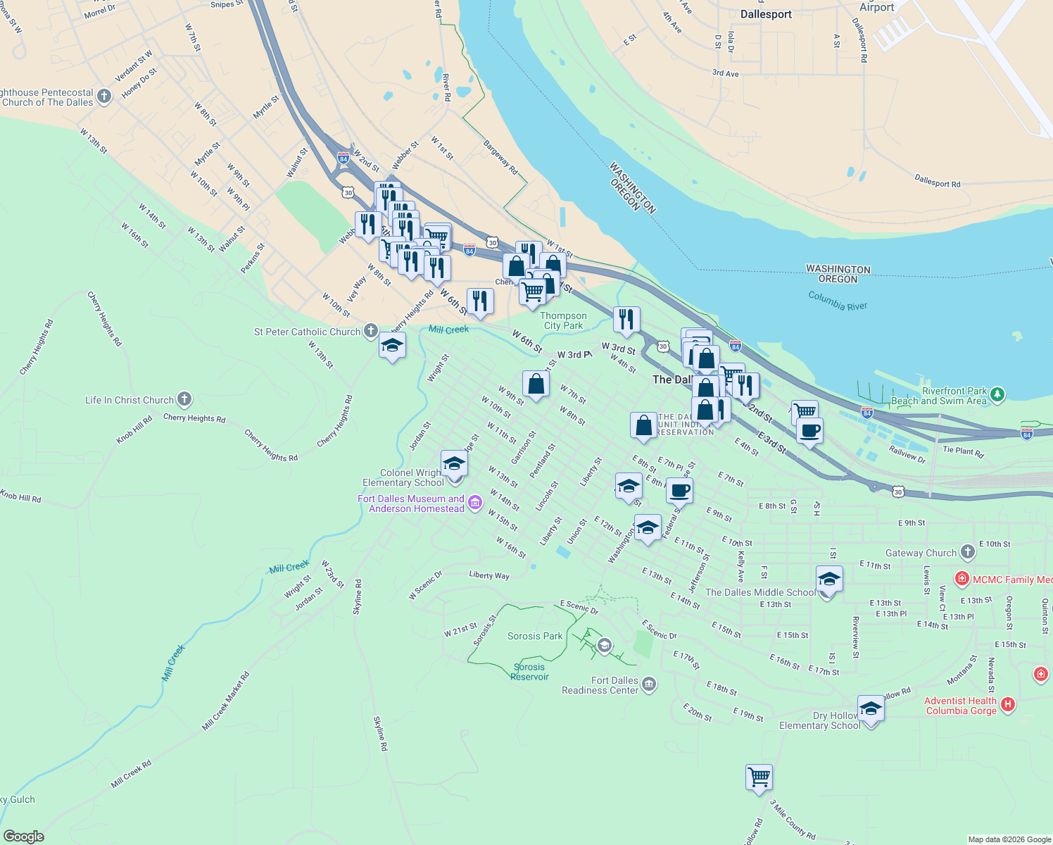 map of restaurants, bars, coffee shops, grocery stores, and more near 513 W 10th St in The Dalles