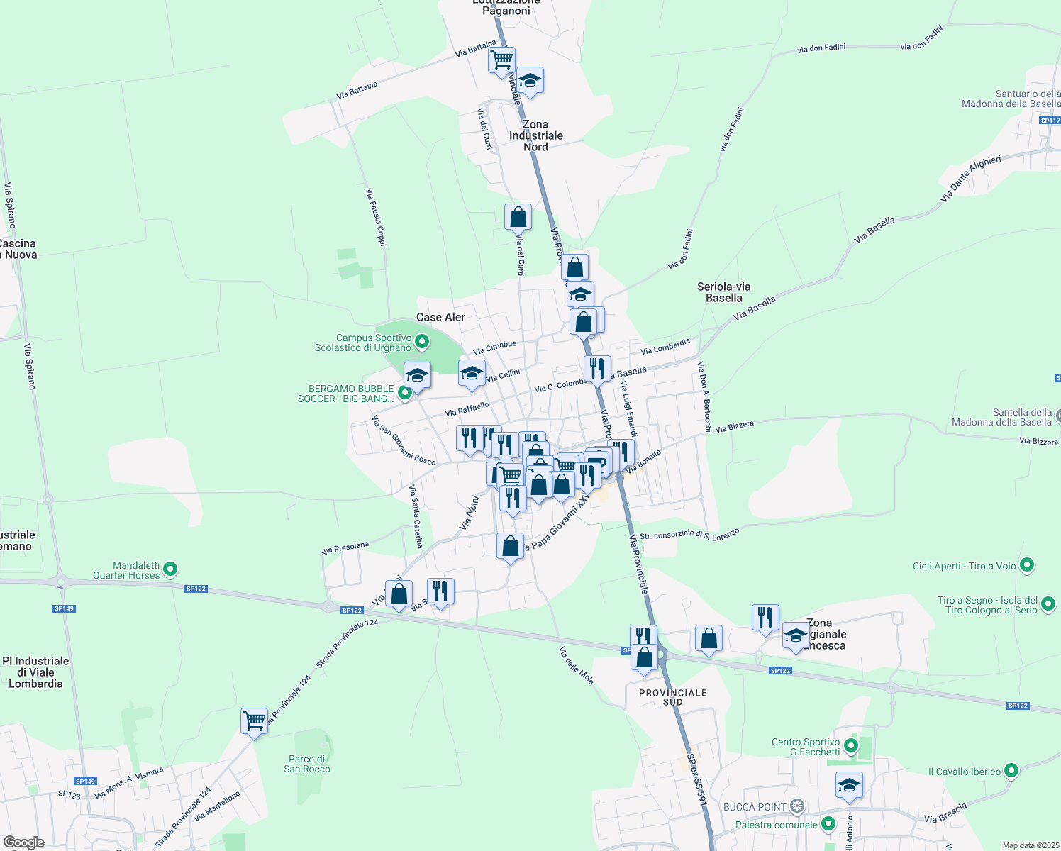 map of restaurants, bars, coffee shops, grocery stores, and more near 82 Via Mulino Vecchio in Urgnano