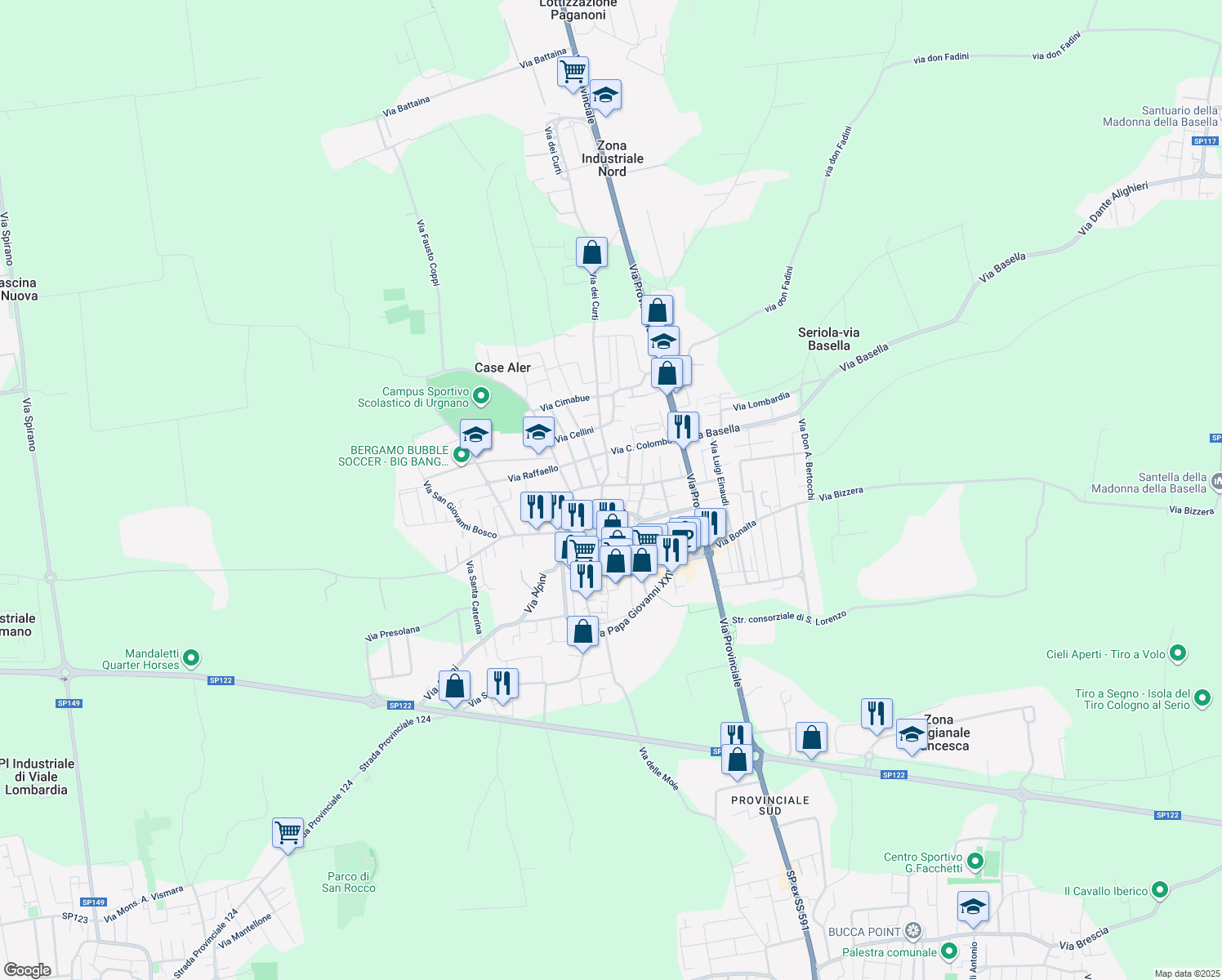 map of restaurants, bars, coffee shops, grocery stores, and more near 82 Via Mulino Vecchio in Urgnano