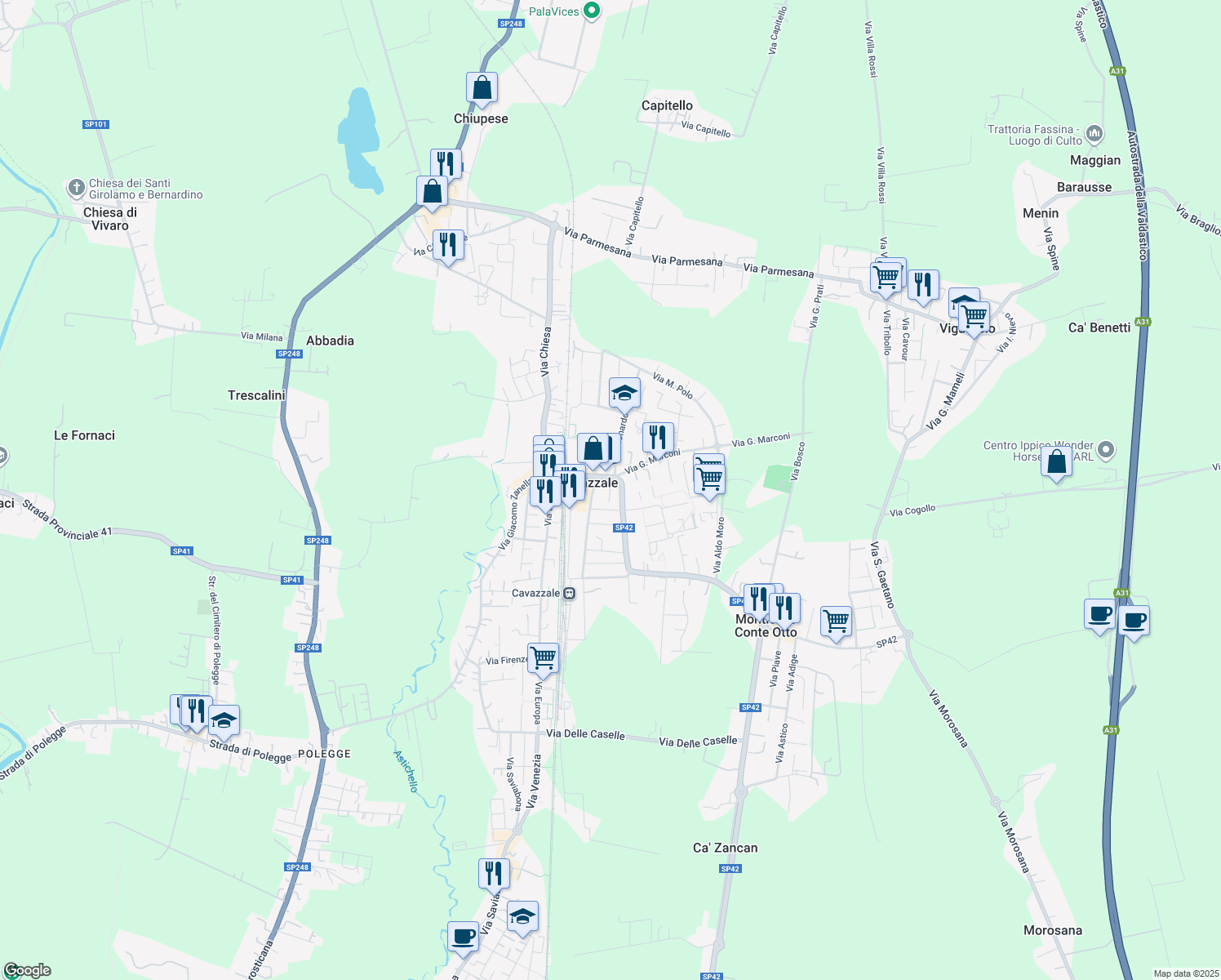 map of restaurants, bars, coffee shops, grocery stores, and more near 9 Vicolo dei Pioppi in Monticello Conte Otto
