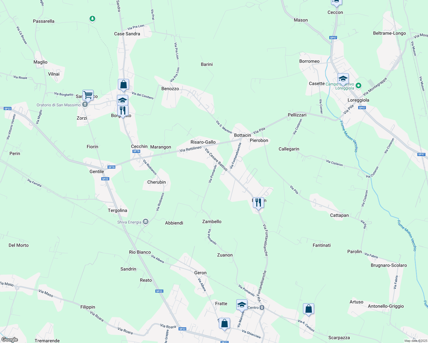 map of restaurants, bars, coffee shops, grocery stores, and more near 49 Via Vicinale Pomarolo in Provincia di Padova