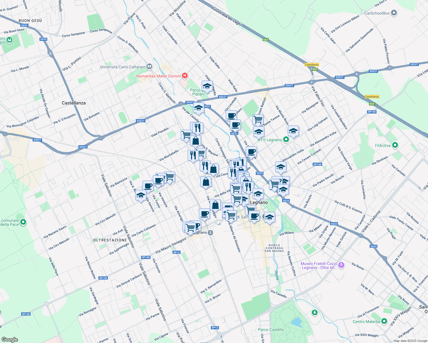 map of restaurants, bars, coffee shops, grocery stores, and more near 17 Via Giuseppe Mazzini in Legnano