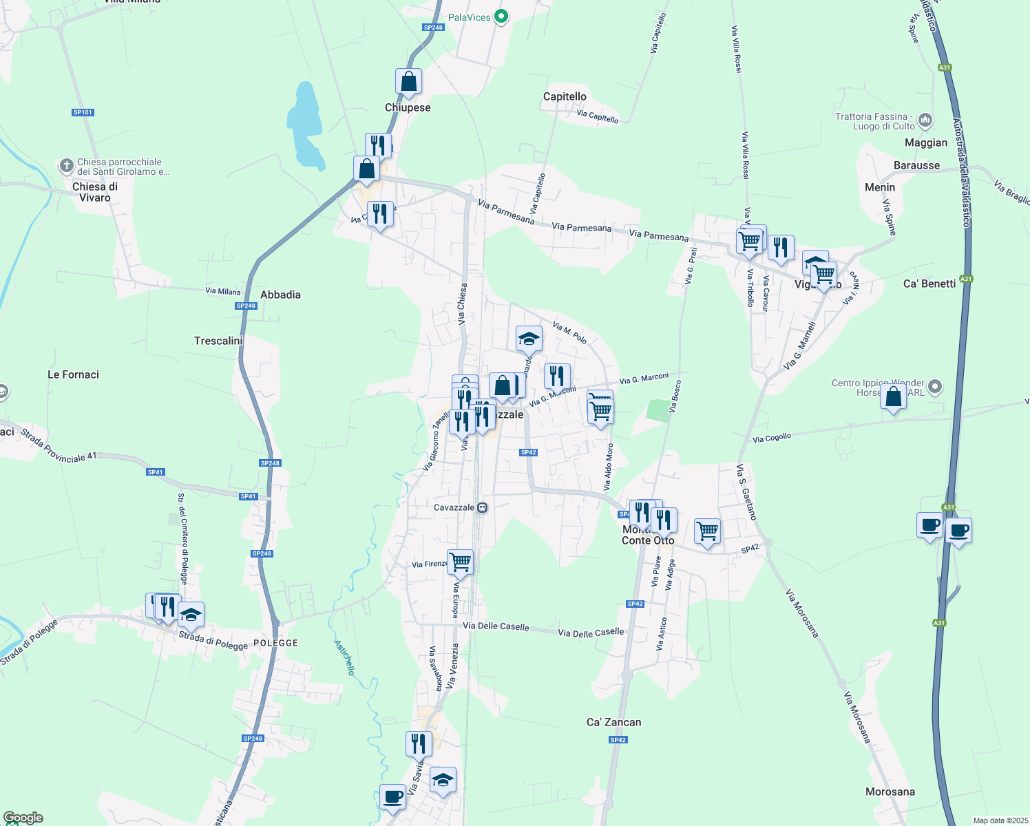 map of restaurants, bars, coffee shops, grocery stores, and more near 9 Vicolo dei Pioppi in Monticello Conte Otto