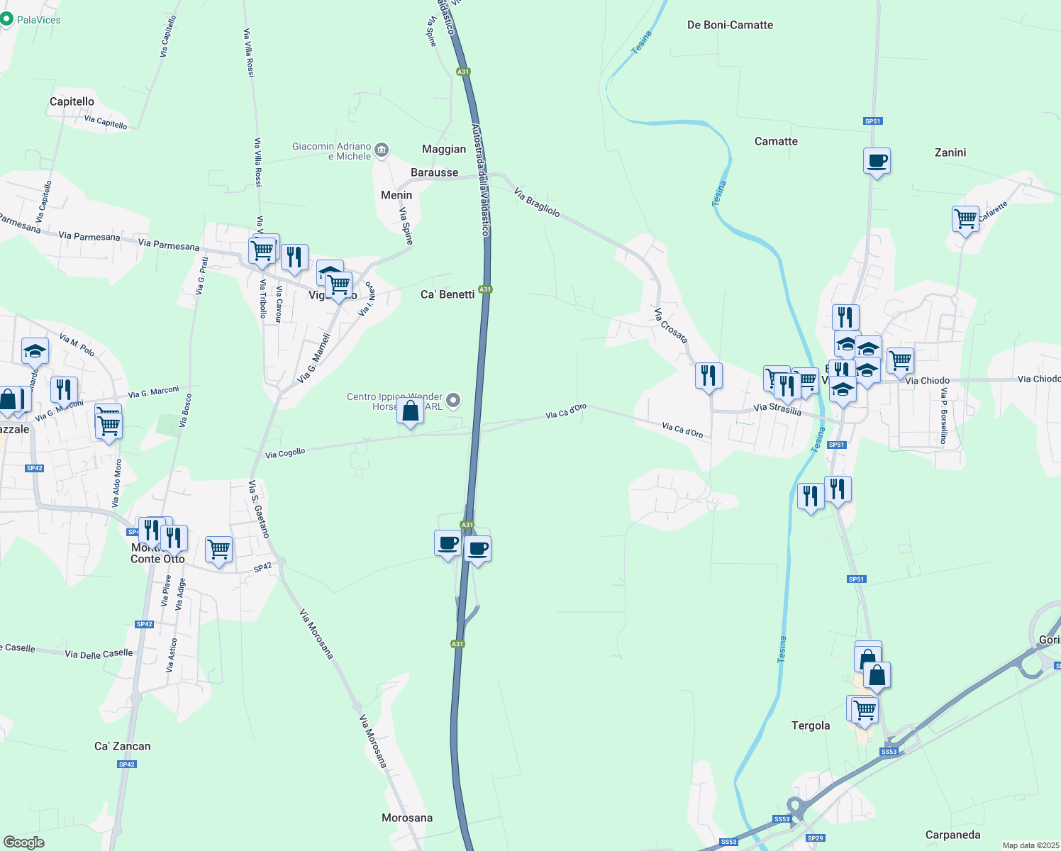 map of restaurants, bars, coffee shops, grocery stores, and more near 34 Via Cà d'Oro in Bolzano Vicentino