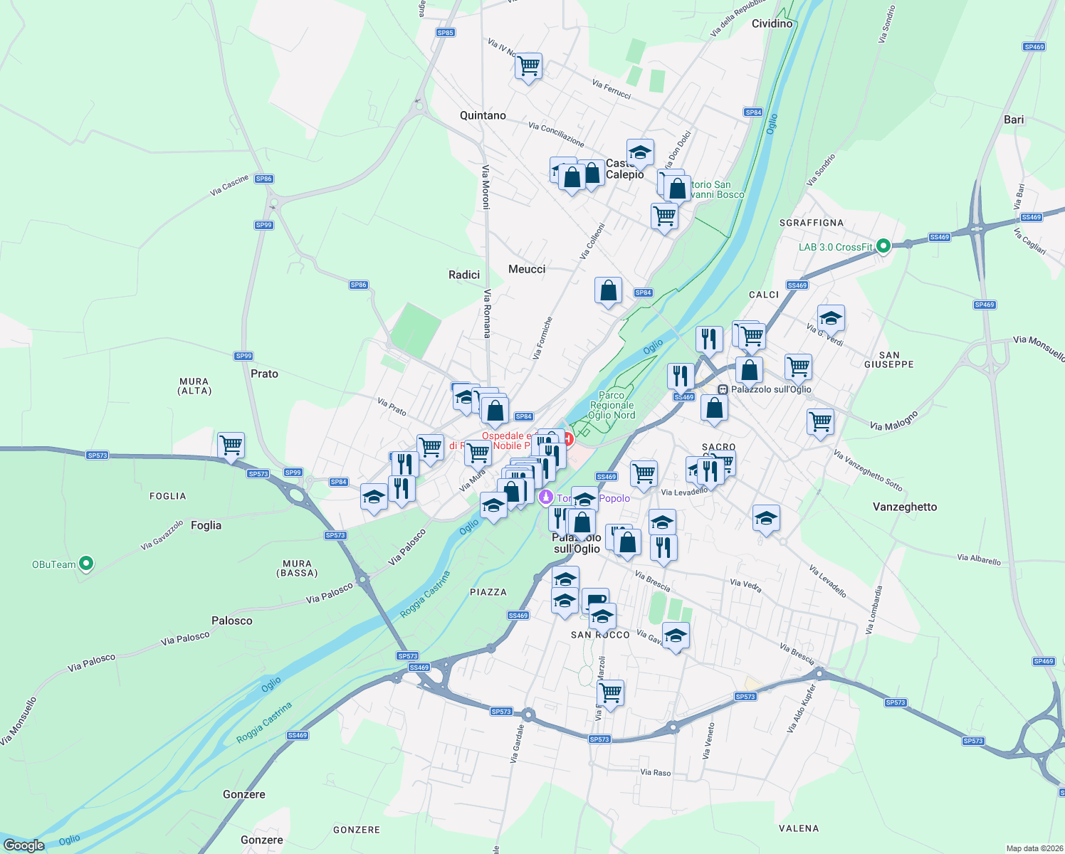 map of restaurants, bars, coffee shops, grocery stores, and more near 15 Via Gianbattista Sufflico in Palazzolo sull'Oglio