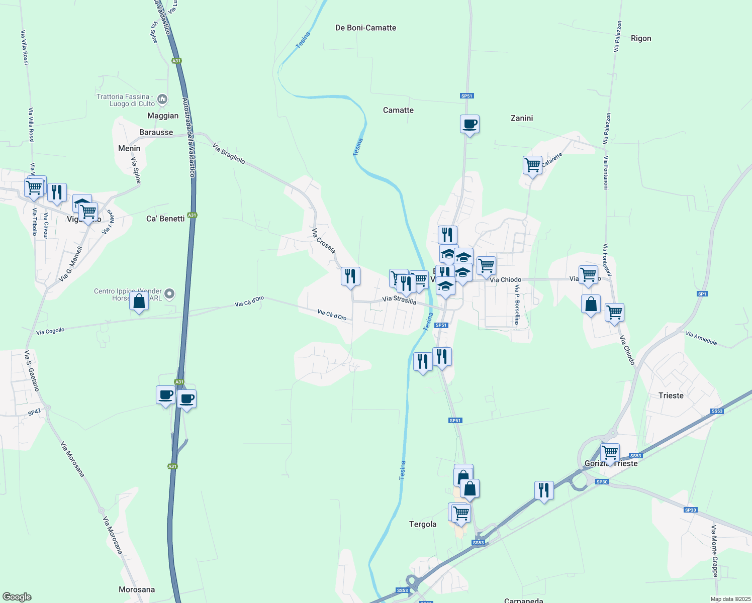 map of restaurants, bars, coffee shops, grocery stores, and more near 102 Via Strasilia in Bolzano Vicentino