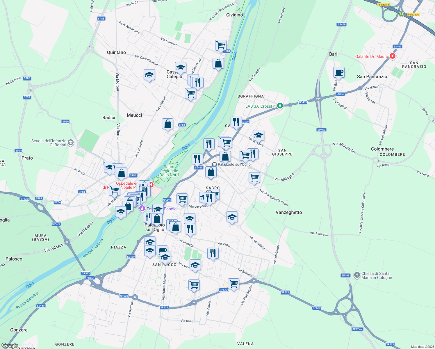 map of restaurants, bars, coffee shops, grocery stores, and more near 19a Via Lagorio in Palazzolo sull'Oglio