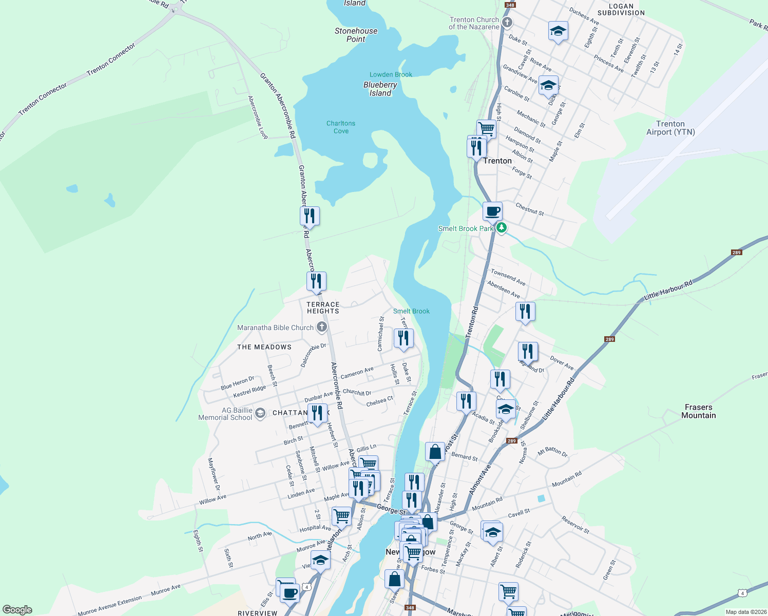 map of restaurants, bars, coffee shops, grocery stores, and more near 524 Carmichael Street in New Glasgow