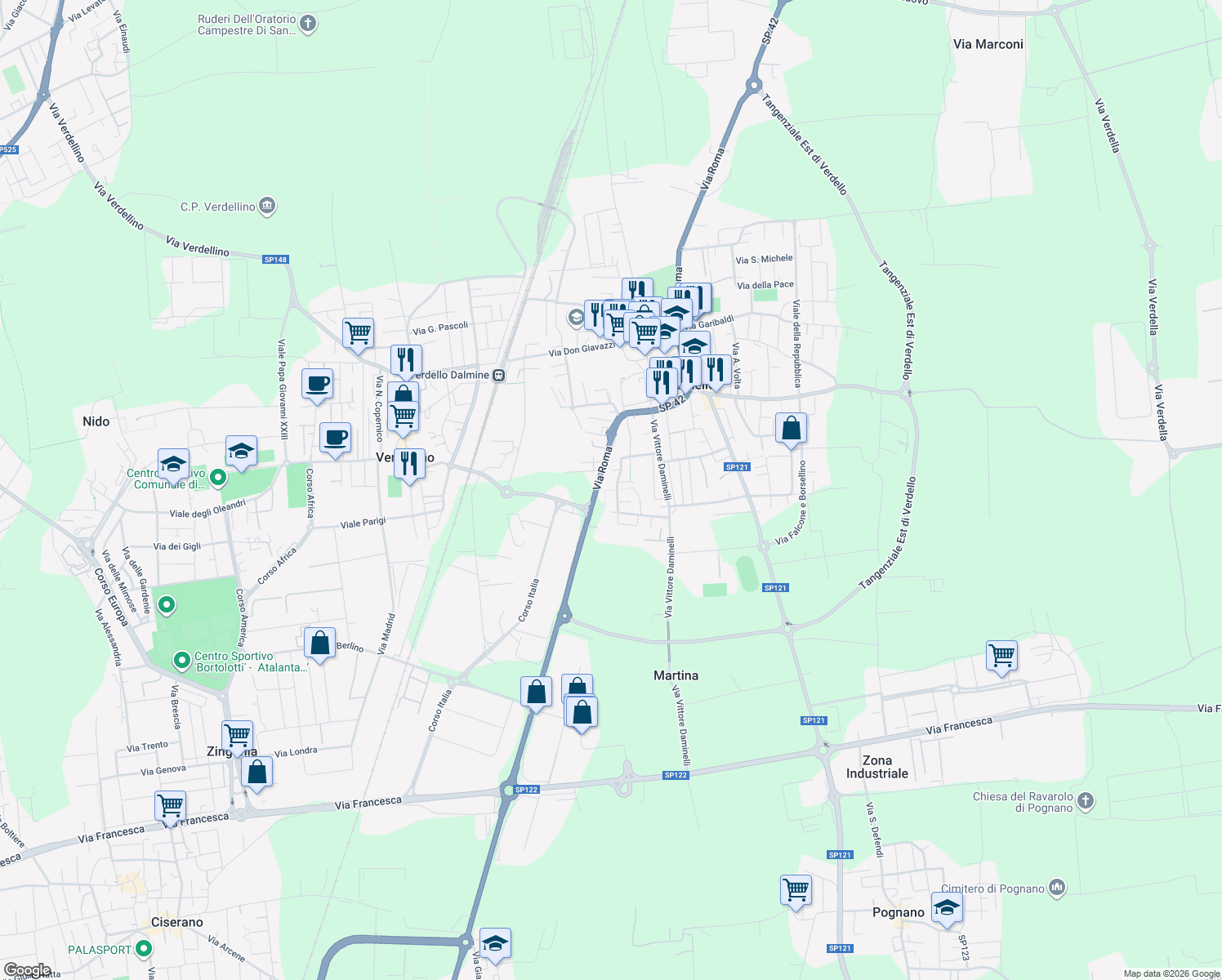 map of restaurants, bars, coffee shops, grocery stores, and more near 11 Via Gioacchino Rossini in Verdello
