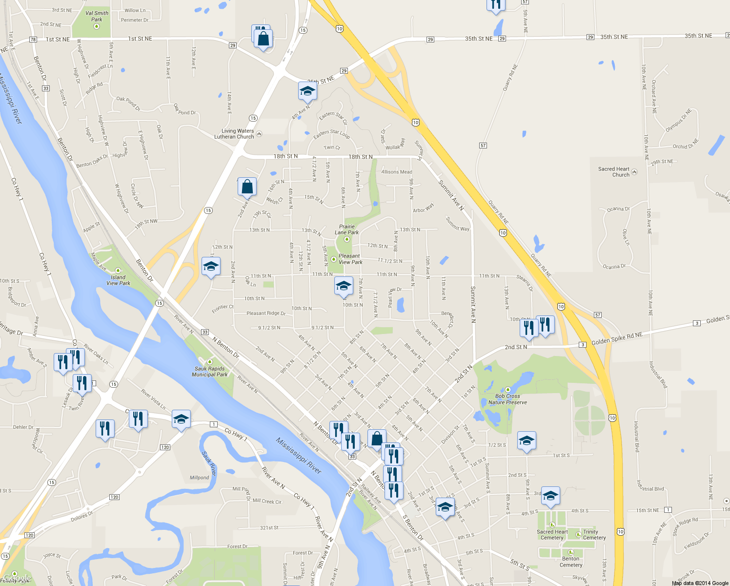 map of restaurants, bars, coffee shops, grocery stores, and more near 1020 7th Avenue North in Sauk Rapids