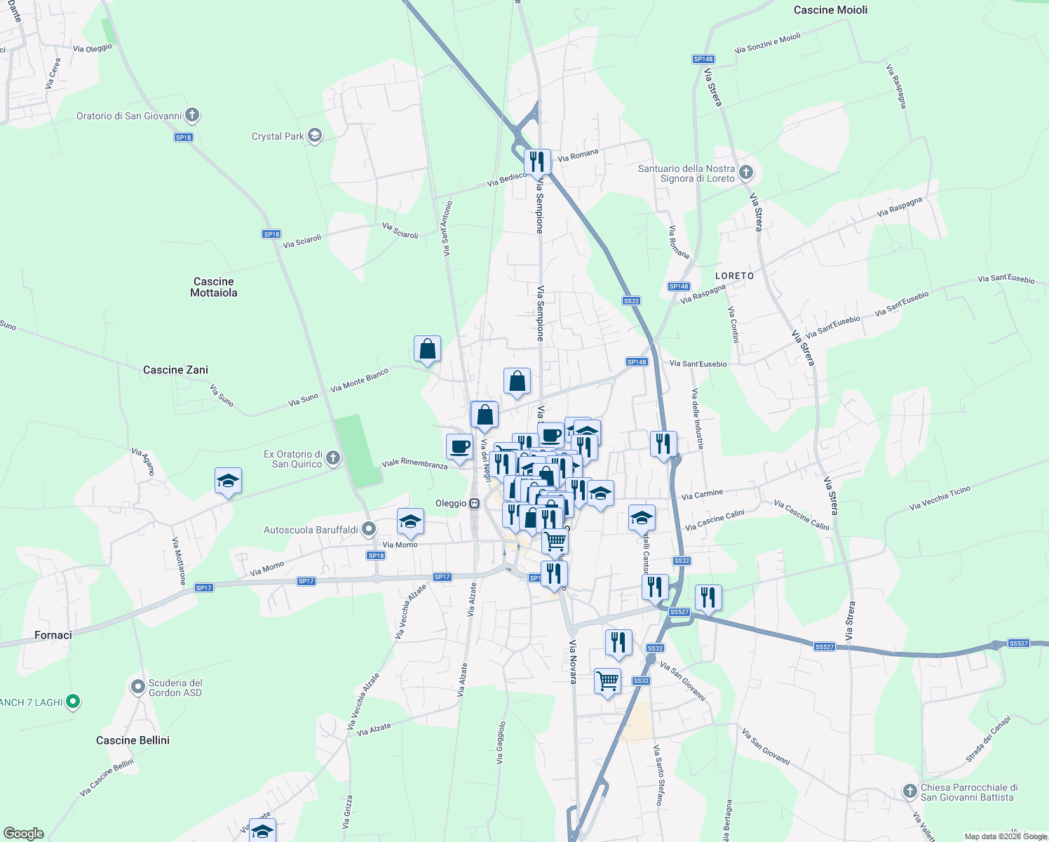 map of restaurants, bars, coffee shops, grocery stores, and more near 33 Viale Parco Mazza in Oleggio