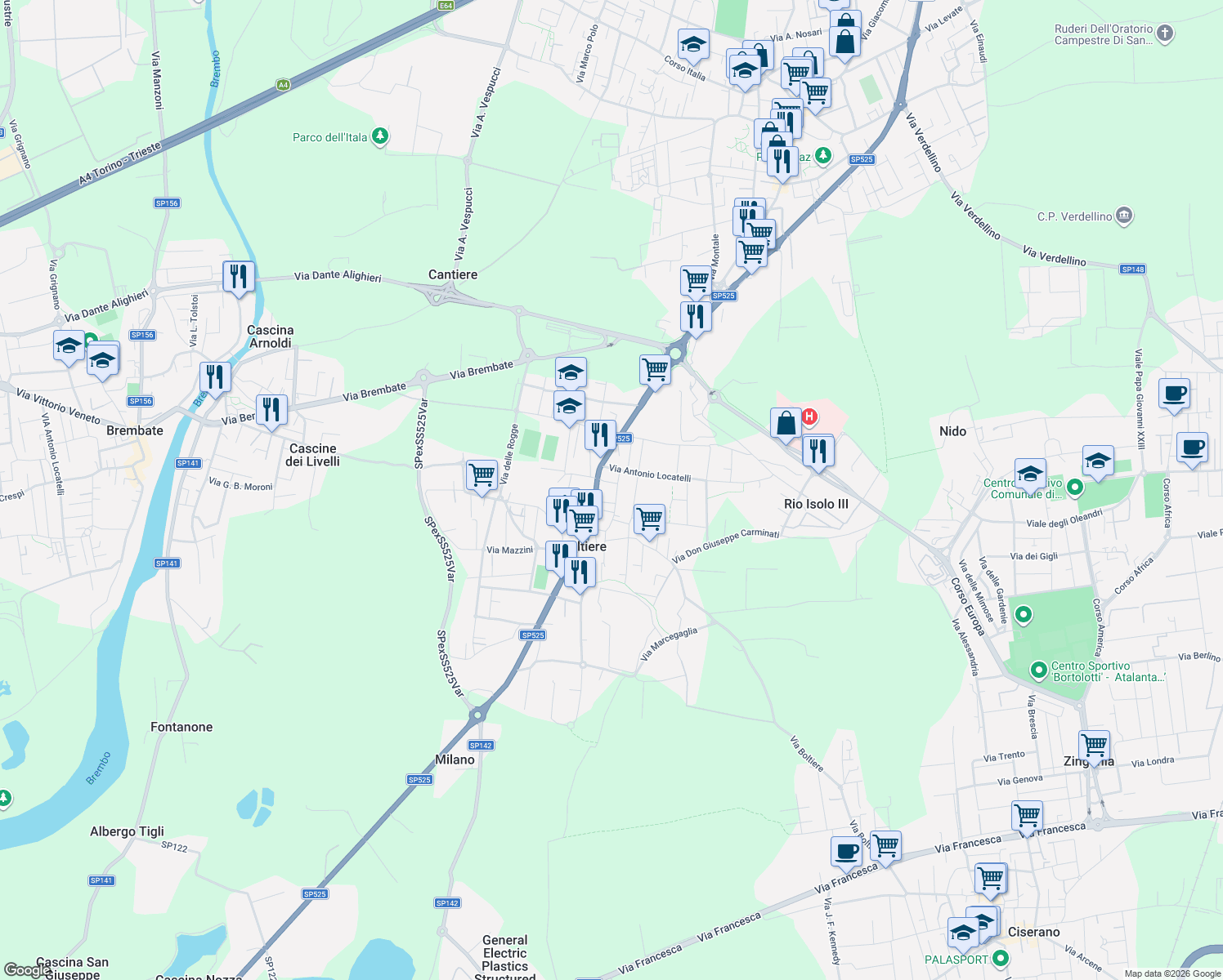 map of restaurants, bars, coffee shops, grocery stores, and more near 2 Via Caduti VI Luglio in Boltiere