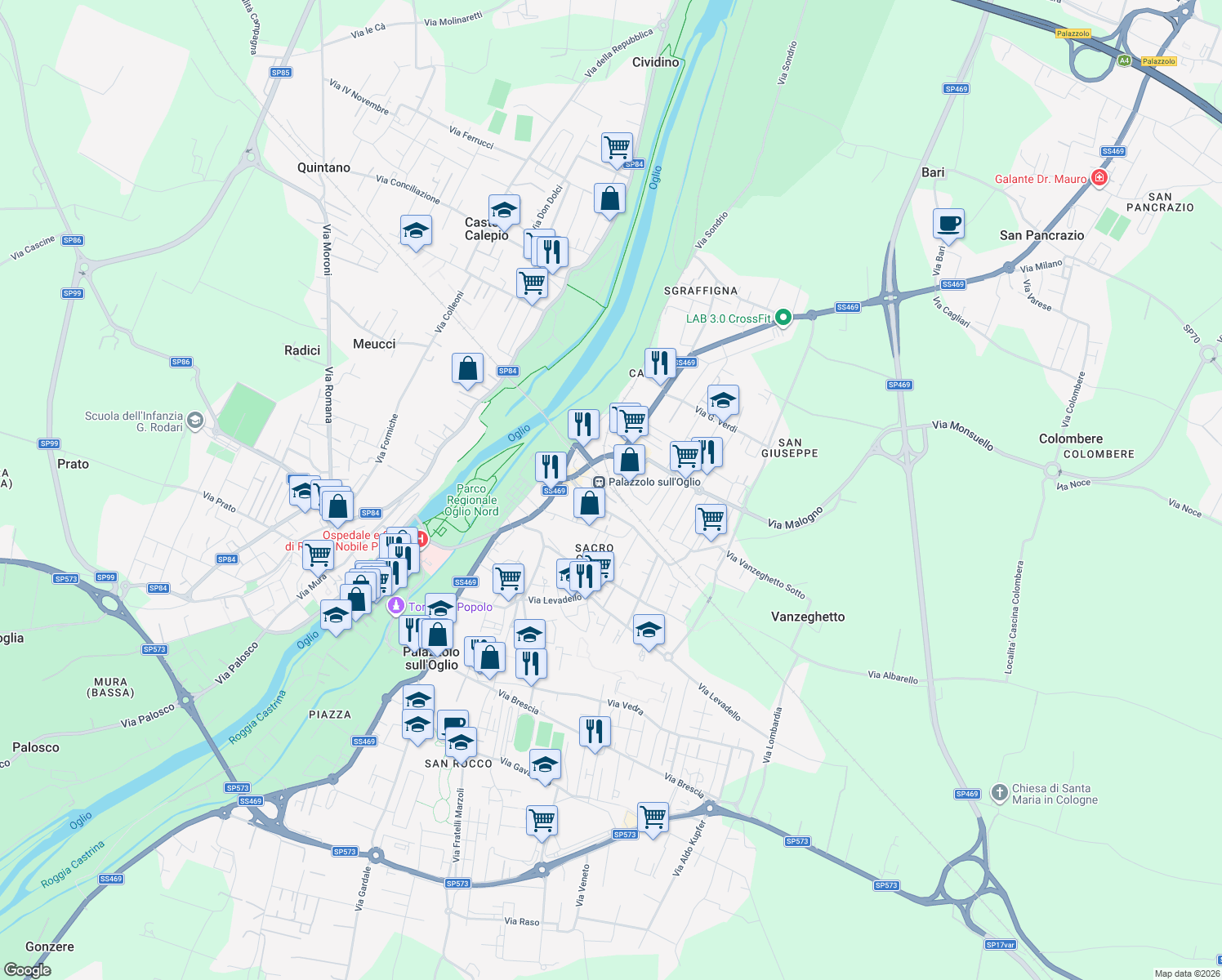 map of restaurants, bars, coffee shops, grocery stores, and more near 19a Via Lagorio in Palazzolo sull'Oglio
