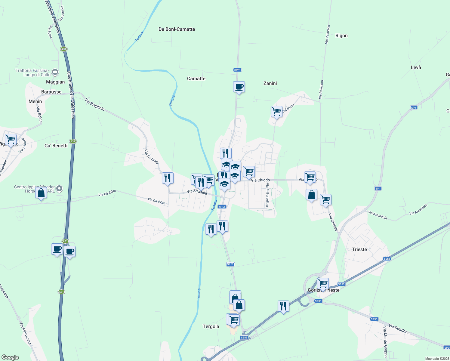 map of restaurants, bars, coffee shops, grocery stores, and more near in Bolzano Vicentino