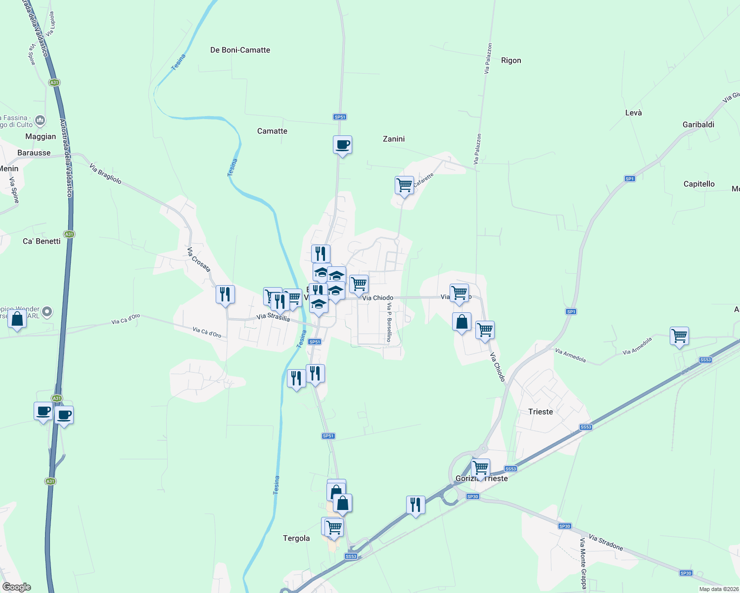map of restaurants, bars, coffee shops, grocery stores, and more near 10 Via Armando Diaz in Bolzano Vicentino