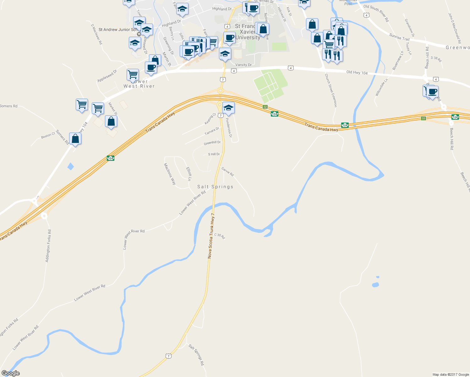 map of restaurants, bars, coffee shops, grocery stores, and more near 40 Garvie Road in Antigonish