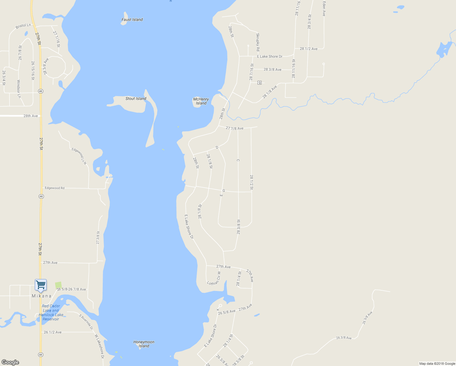 map of restaurants, bars, coffee shops, grocery stores, and more near 2755 East in Birchwood