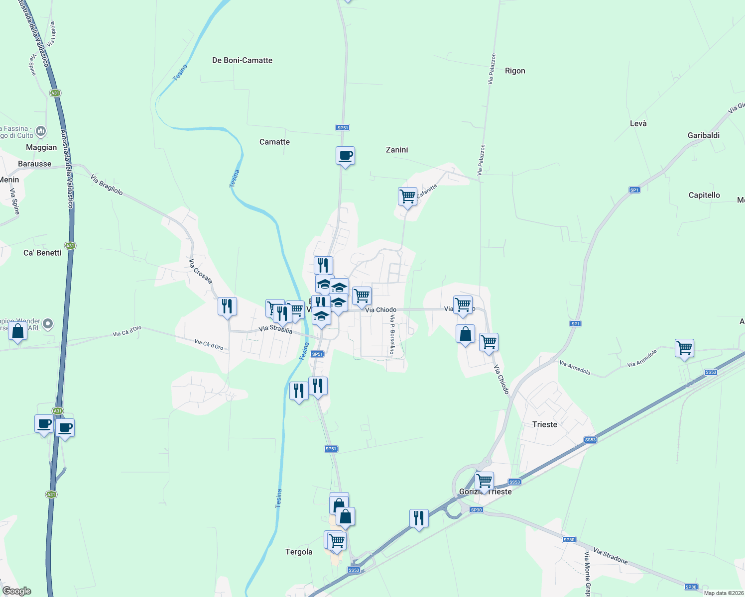 map of restaurants, bars, coffee shops, grocery stores, and more near 10 Via Armando Diaz in Bolzano Vicentino