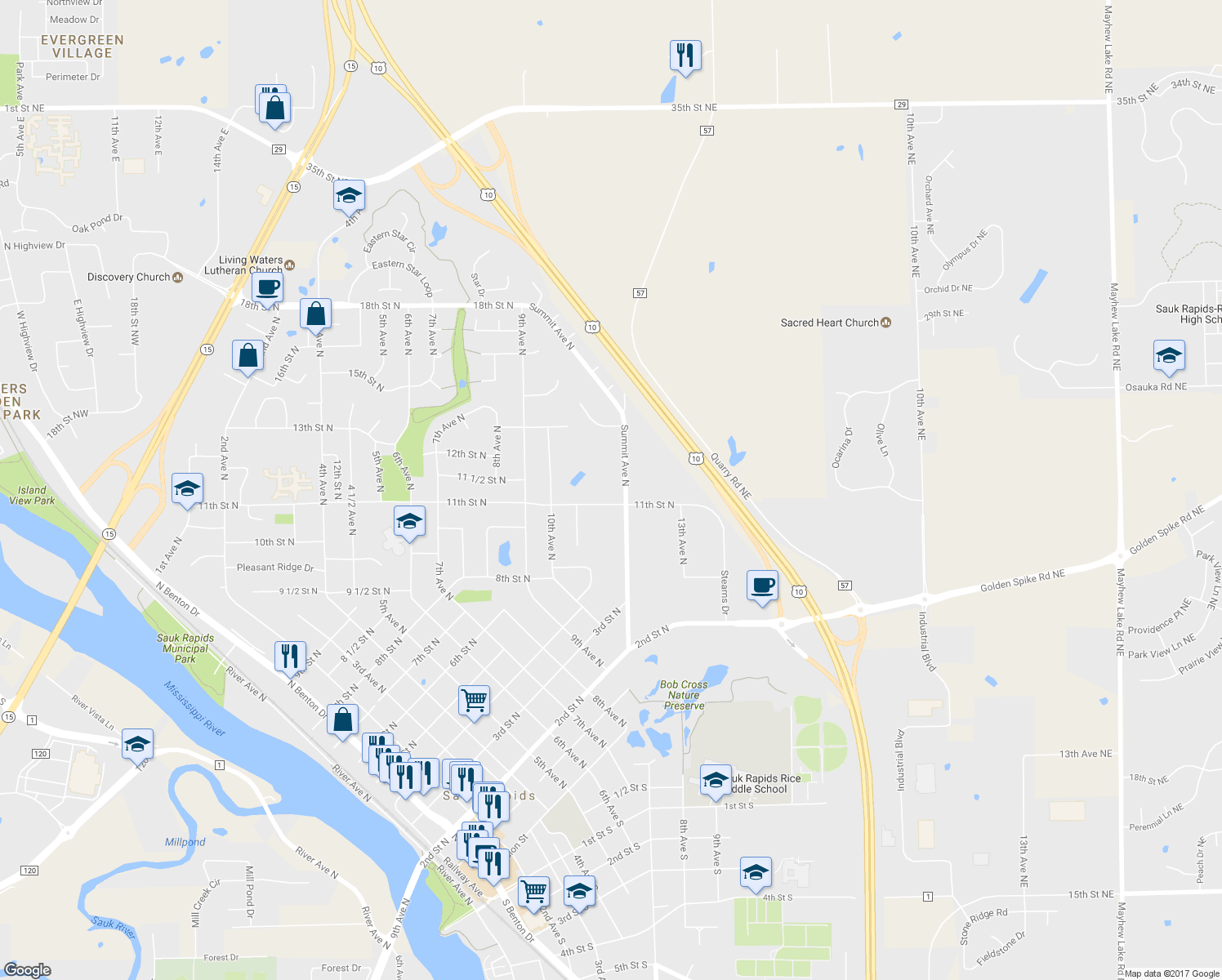 map of restaurants, bars, coffee shops, grocery stores, and more near 1105 Summit Avenue North in Sauk Rapids