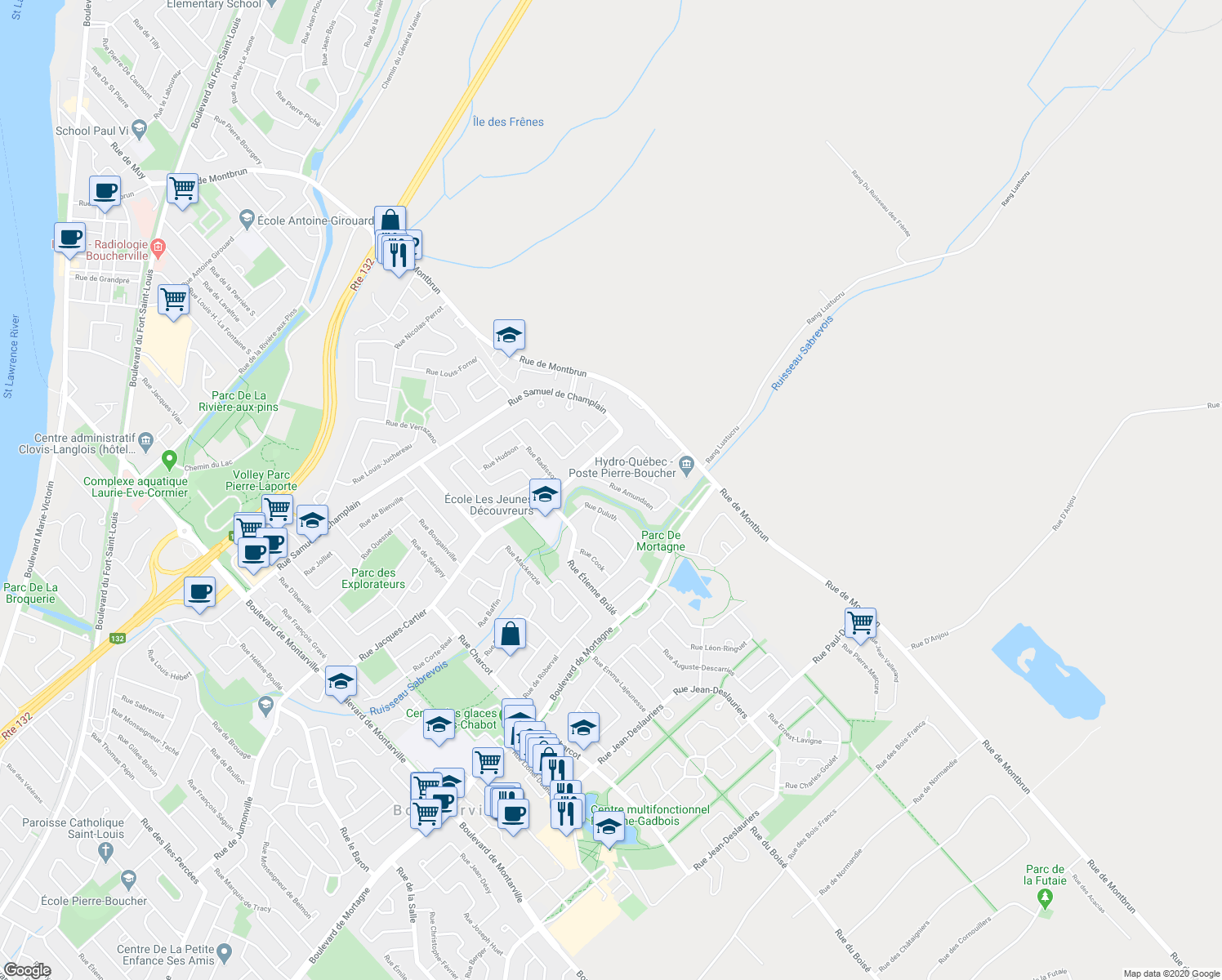 map of restaurants, bars, coffee shops, grocery stores, and more near 904 Rue Amundsen in Boucherville