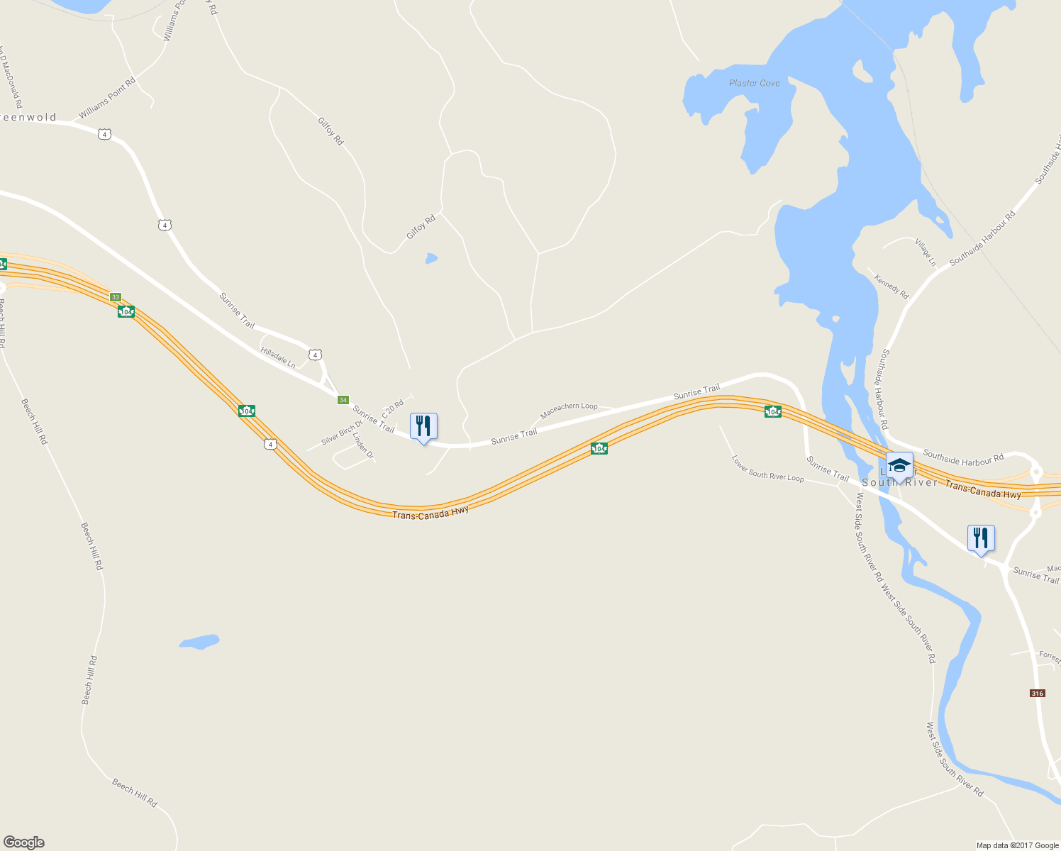 map of restaurants, bars, coffee shops, grocery stores, and more near 3 Maceachern Loop in Antigonish