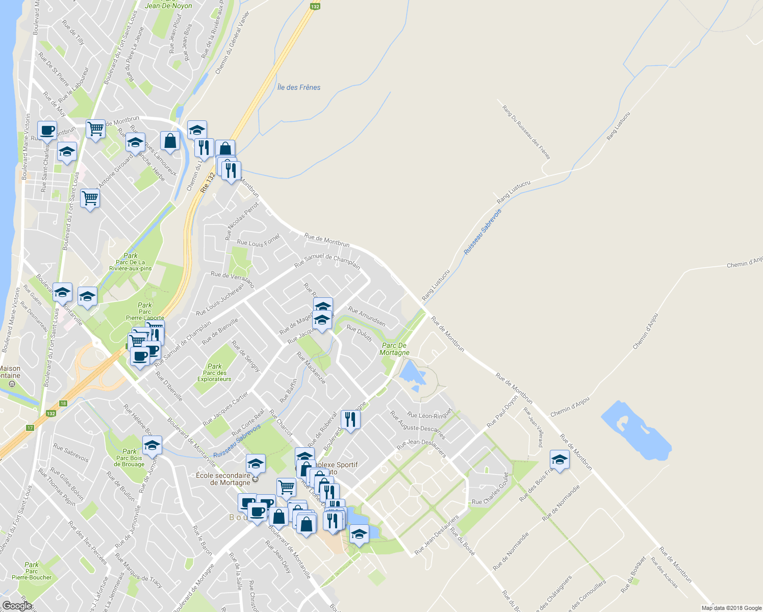 map of restaurants, bars, coffee shops, grocery stores, and more near 915 Rue de la Richardière in Boucherville