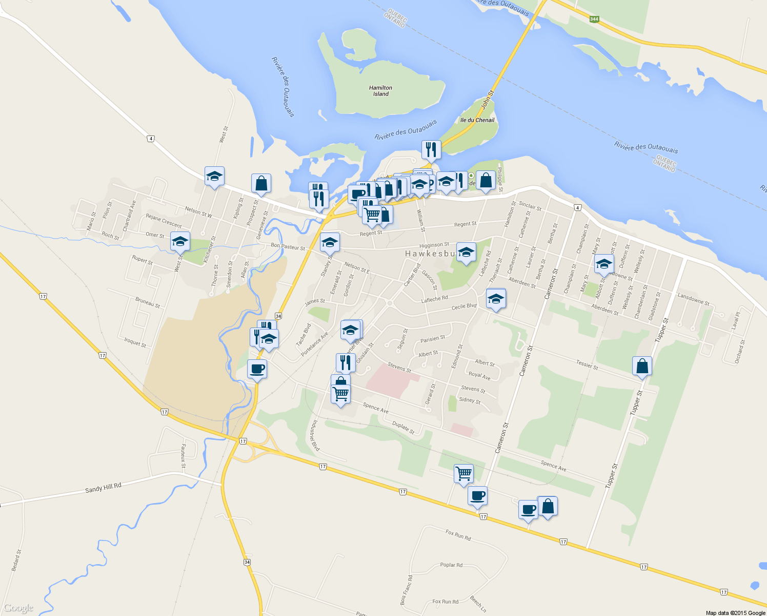 map of restaurants, bars, coffee shops, grocery stores, and more near 716 Cartier Boulevard in Hawkesbury