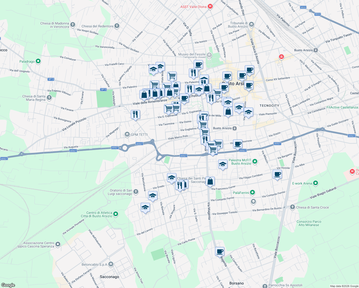 map of restaurants, bars, coffee shops, grocery stores, and more near 25 Via Arconate in Busto Arsizio