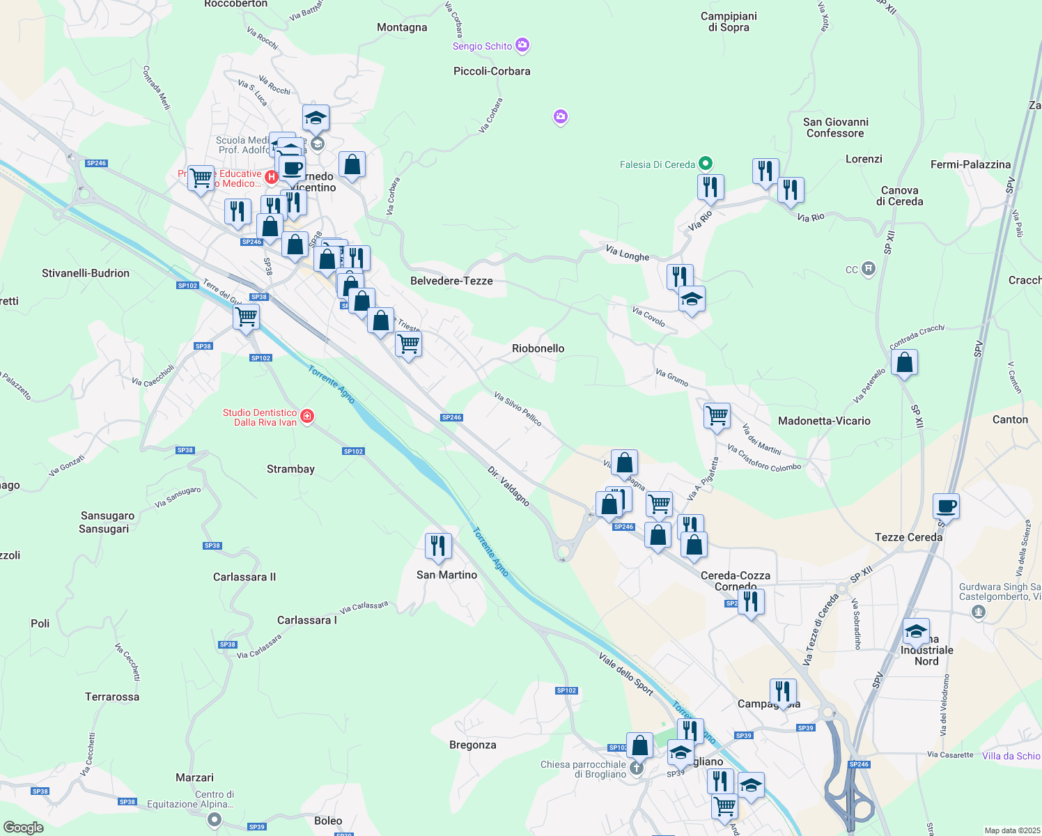 map of restaurants, bars, coffee shops, grocery stores, and more near 6/C Via Silvio Pellico in Cereda-cozza Cornedo
