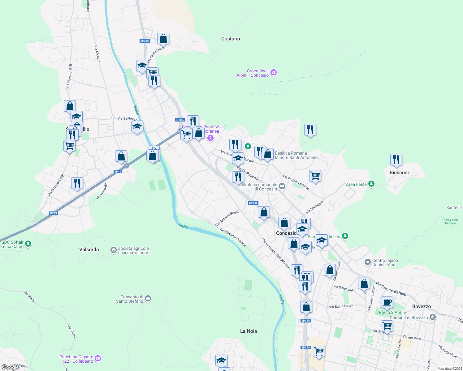map of restaurants, bars, coffee shops, grocery stores, and more near 241 Via Europa in Concesio