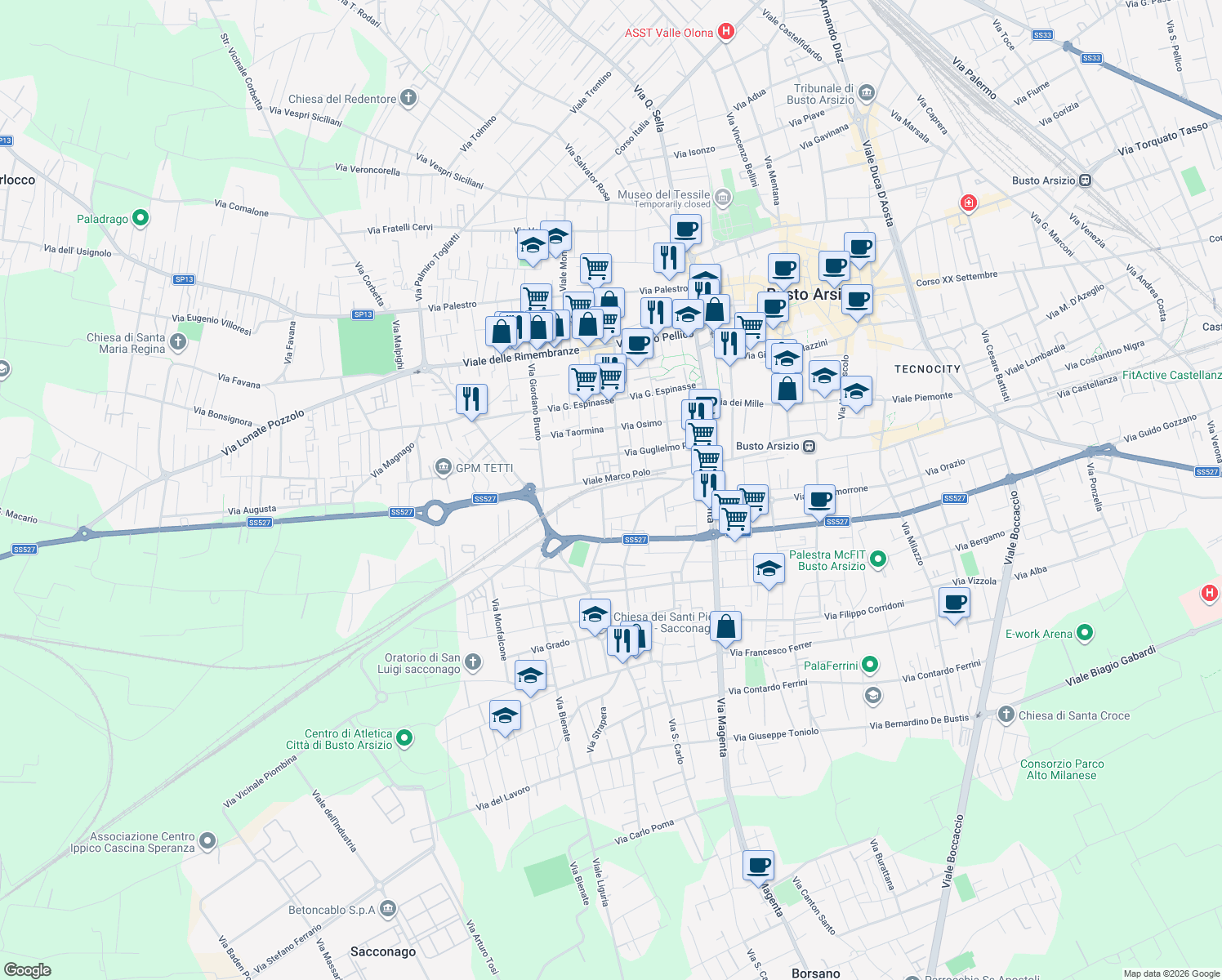 map of restaurants, bars, coffee shops, grocery stores, and more near 25 Via Arconate in Busto Arsizio