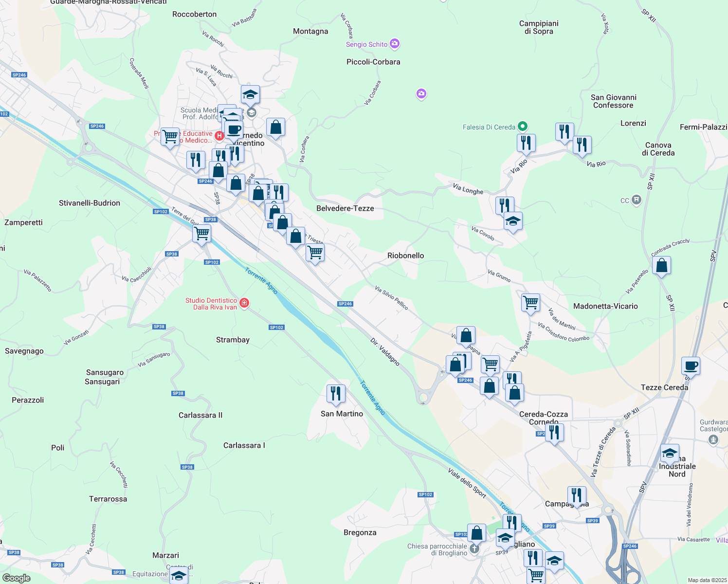 map of restaurants, bars, coffee shops, grocery stores, and more near 2 Via Silvio Pellico in Cornedo Vicentino