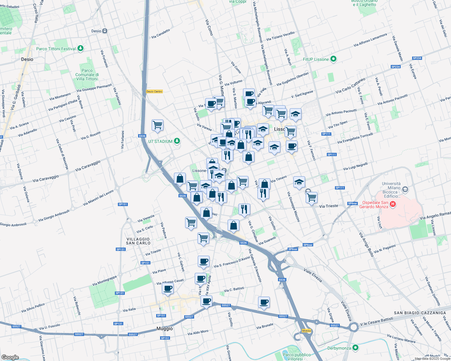 map of restaurants, bars, coffee shops, grocery stores, and more near 27 Via Giosuè Carducci in Lissone
