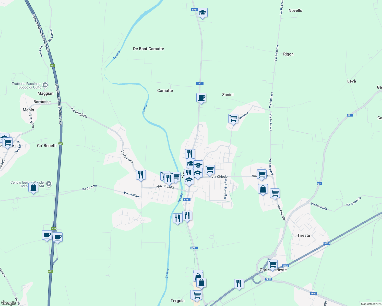 map of restaurants, bars, coffee shops, grocery stores, and more near 1 Via IV Novembre in Bolzano Vicentino