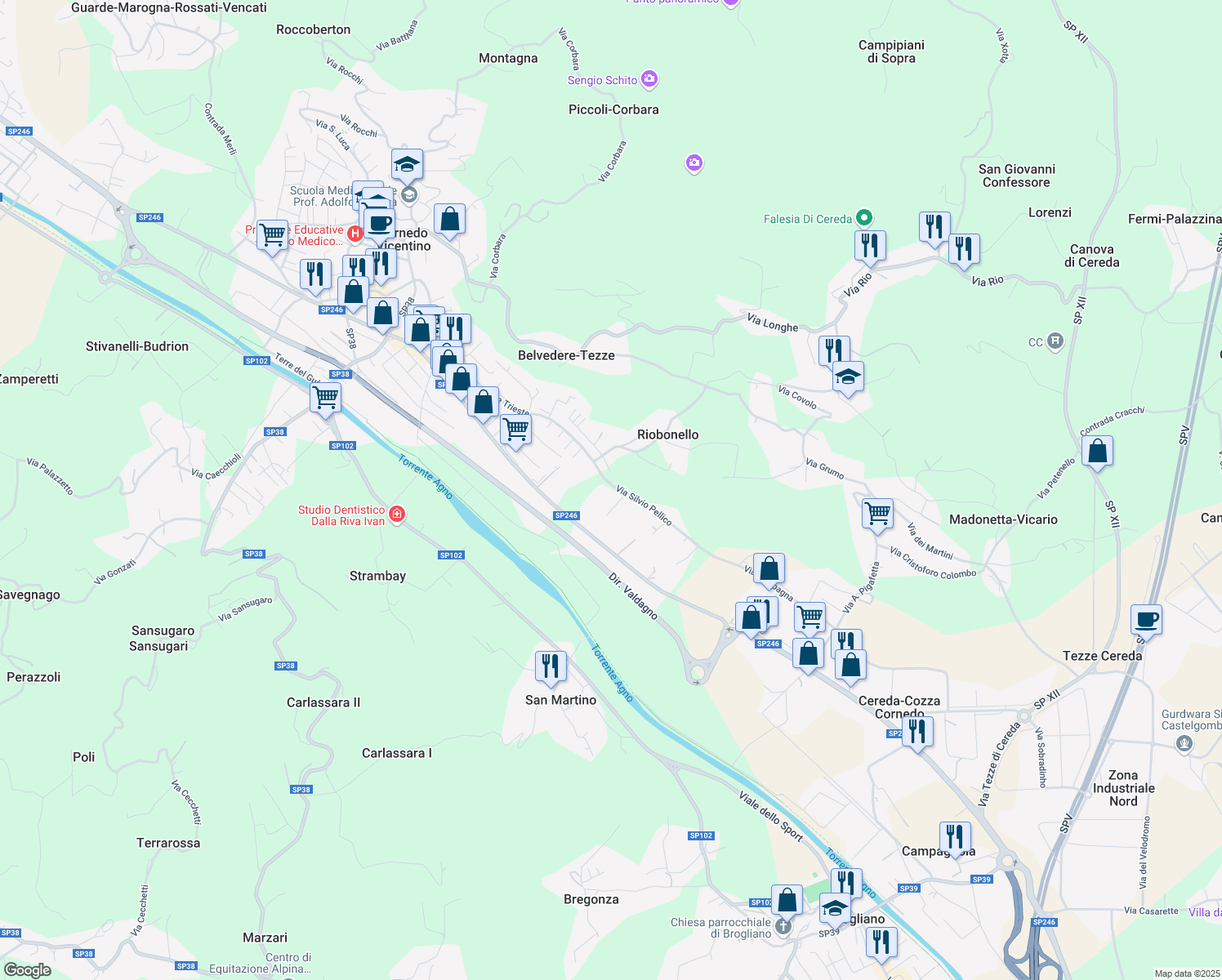 map of restaurants, bars, coffee shops, grocery stores, and more near 2 Via Silvio Pellico in Cornedo Vicentino