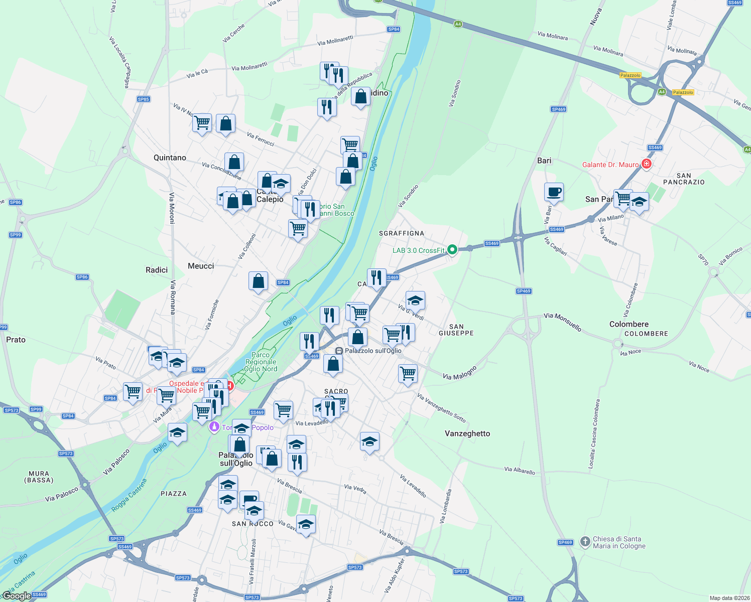map of restaurants, bars, coffee shops, grocery stores, and more near 45 Via S. Pancrazio in Palazzolo sull'Oglio
