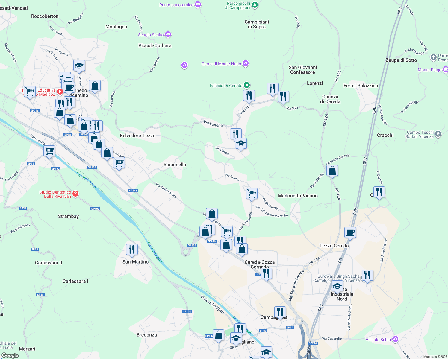 map of restaurants, bars, coffee shops, grocery stores, and more near 22 Località Maso in Cereda-cozza Cornedo