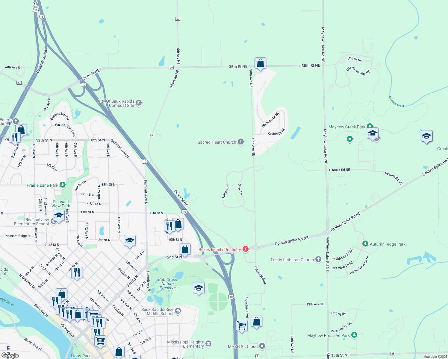 map of restaurants, bars, coffee shops, grocery stores, and more near 2626 Ocarina Drive in Sauk Rapids