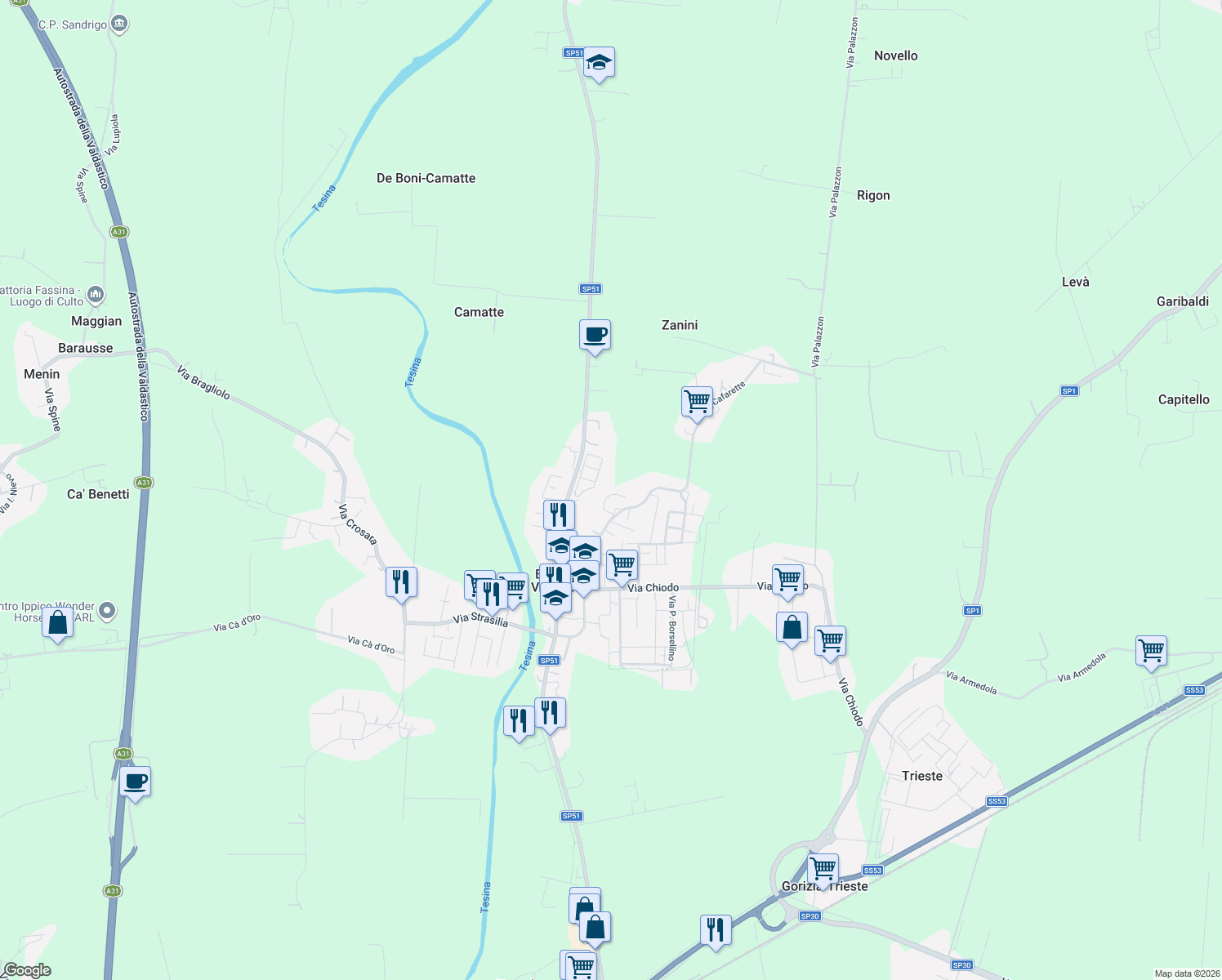 map of restaurants, bars, coffee shops, grocery stores, and more near 13 Via Zardo in Bolzano Vicentino