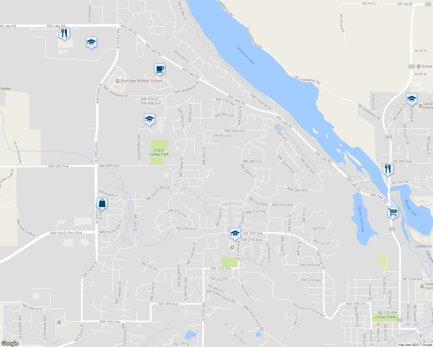map of restaurants, bars, coffee shops, grocery stores, and more near 3626 Northwest Orchard Court in Camas