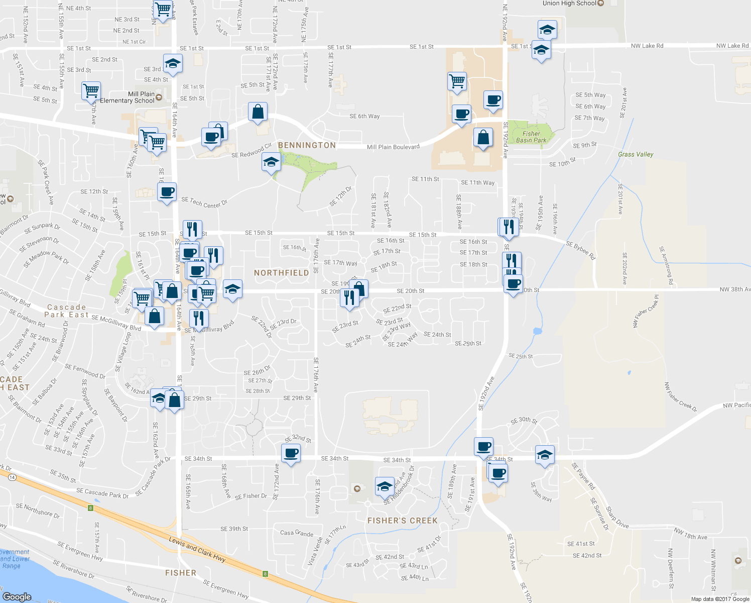 map of restaurants, bars, coffee shops, grocery stores, and more near 18101 Southeast 20th Way in Vancouver