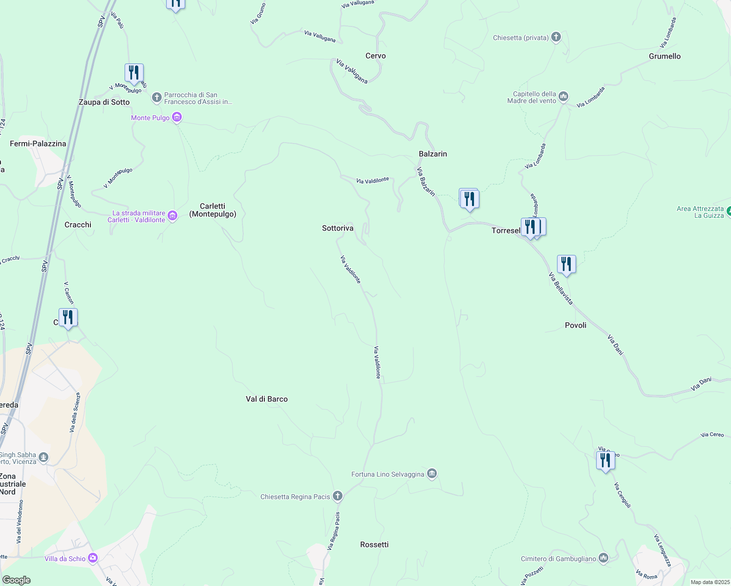 map of restaurants, bars, coffee shops, grocery stores, and more near 34 Via Valdilonte in Provincia di Vicenza