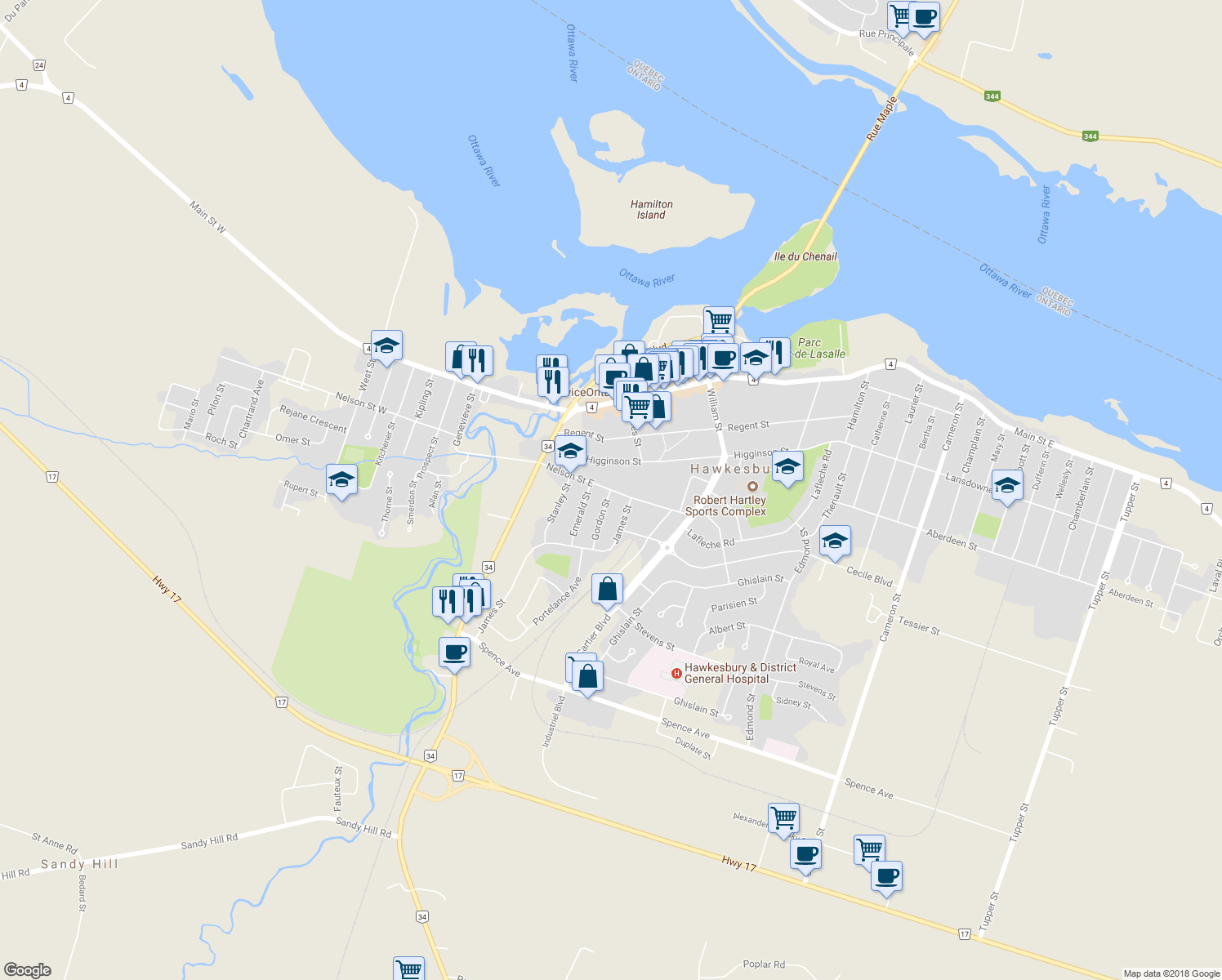 map of restaurants, bars, coffee shops, grocery stores, and more near Nelson Street East in Hawkesbury